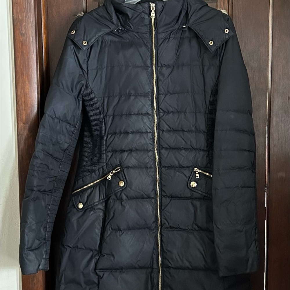 Express Black Puffer Jacket with Gold Accents